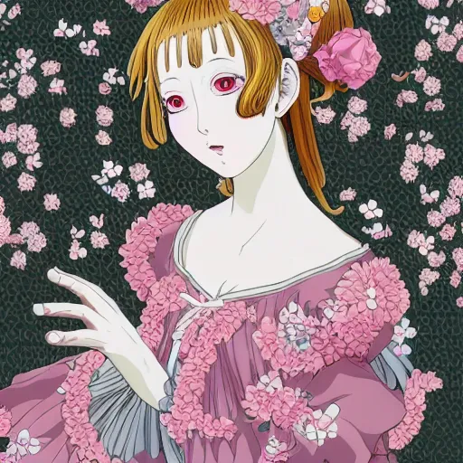 Prompt: renaissance, manga portrait of a young lady pink cheeks wearing renaissance harajuku dress pale grey and white flowers, background chaotic flowers