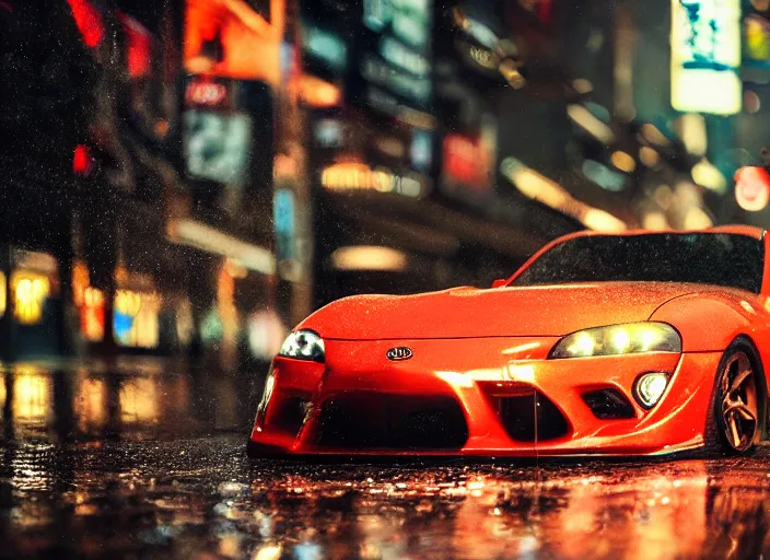 Image similar to symmetry!! close up macro shot of a toyota supra car on wet tokyo street at night, intricate, hyper detailed, smooth, high contrast, neon, volumetric lighting, octane, moebius, greg rutkowski, blade runner, ripley scott, cindmatic