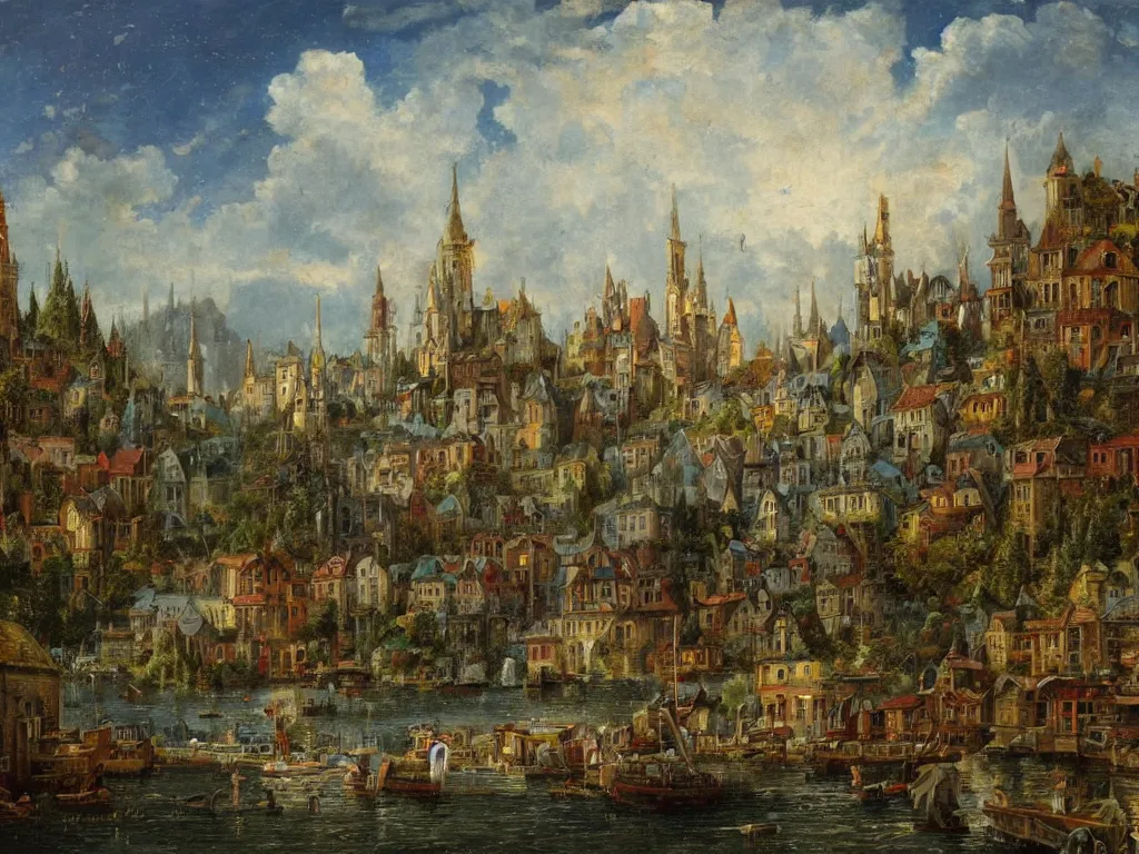 Image similar to an old small enchanted fantasy town, viewed from the harbor, by jean - baptist monge,