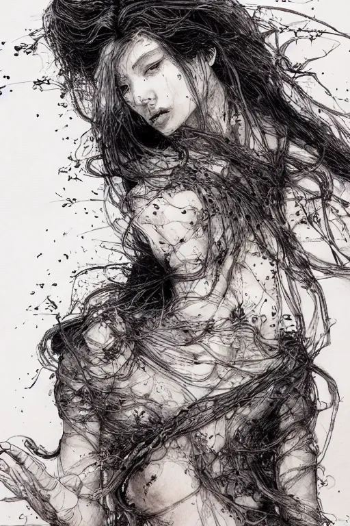 Image similar to Her skin was made of poetry that my fingers couldn't wait to read, pen and ink, intricate line drawings, by Yoshitaka Amano, Ruan Jia, Kentaro Miura, Artgerm, watercolor