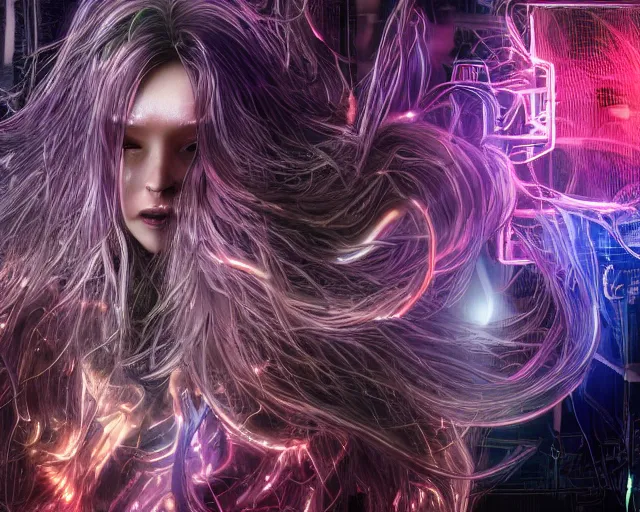 Image similar to glowing hair, complex cybernetic beings, beautiful hairy humanoids, cybermagnetosphere, cybernetic civilizations, ornate hair, love, joy, vortexes, large arrays, data holograms, 8 k, cinematic light shadows, wet hdr refractions, *, * * *, * * * * *