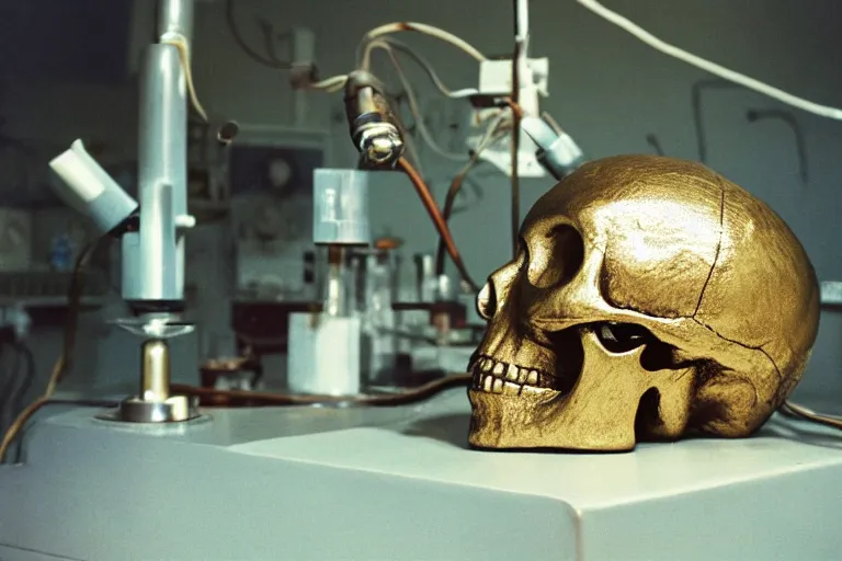 Prompt: large metallic skull sitting atop a pile of thick coiled power cable, stoic and calm, inside of an unlit 1970s science lab, full color ektachrome photograph, volumetric lighting, f8 aperture, cinematic Eastman 5384 film