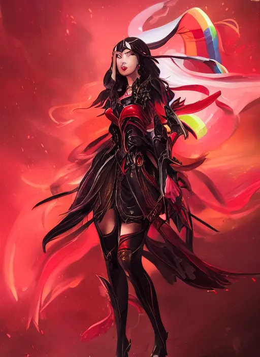 Image similar to a highly detailed illustration of elegant long black haired woman wearing red and black battle dress, heroically posing, with rainbow magic surrounding her, intricate, elegant, highly detailed, centered, digital painting, artstation, concept art, smooth, sharp focus, league of legends concept art, WLOP