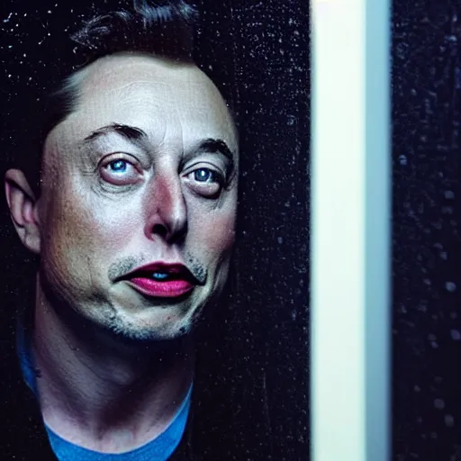 Image similar to dark photo of dark blue rainy bedroom window at night, creepy face of elon musk staring in through the window, horror, scary face,