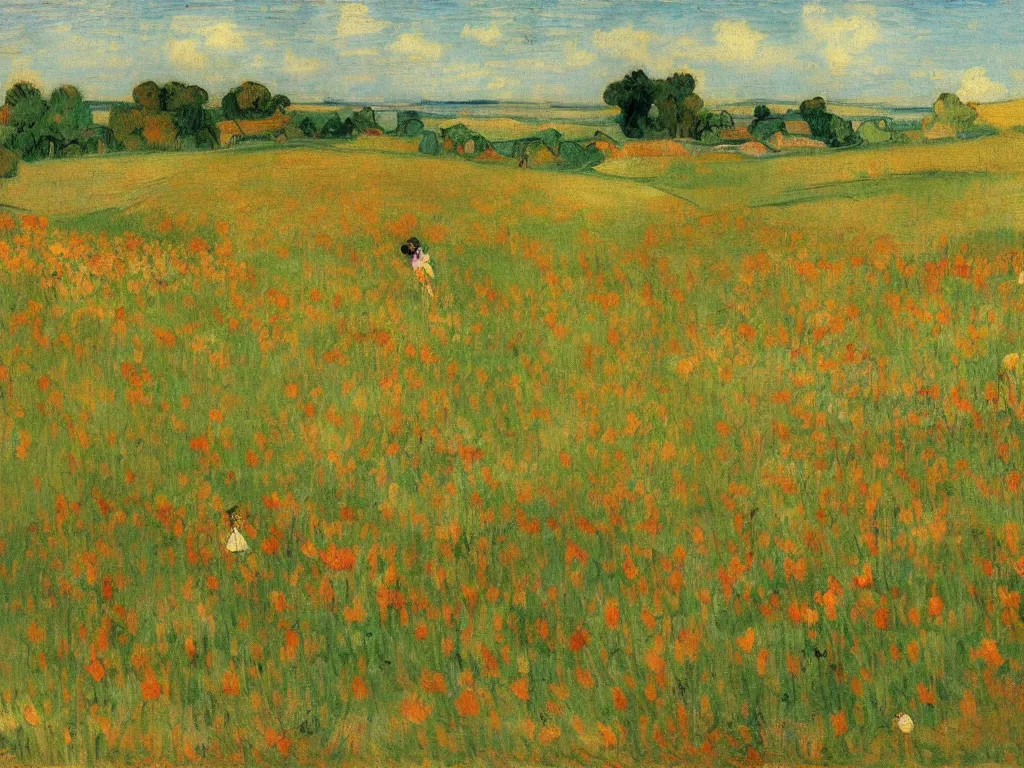 Image similar to an impressionist landscape depicting a field of tulips and rolling hills by ramon casas, edgar degas and van gogh