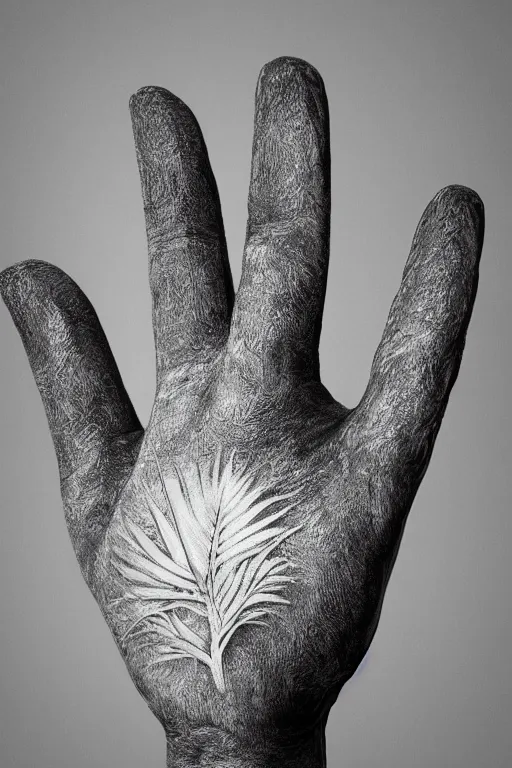 Image similar to hyper realistic beautiful detailed image of a human's palm hand with a tree growing on, white background, photorealistic, 4 k