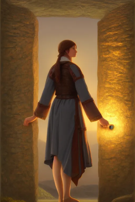 Prompt: a portrait of a tourist standing next to a large runestone, illustration, soft lighting, soft details, painting oil on canvas by Edmund Blair Leighton and Charlie Bowater trending on artstation d&d characters, 4k, 8k, HD