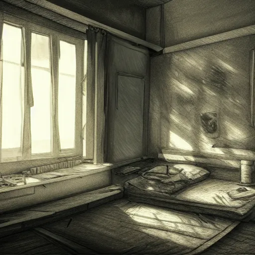 Image similar to derelict hotel room, abandoned, messy, moody atmosphere, sunlight through window blinds, dusty room, creepy, detailed sketch, artstation award