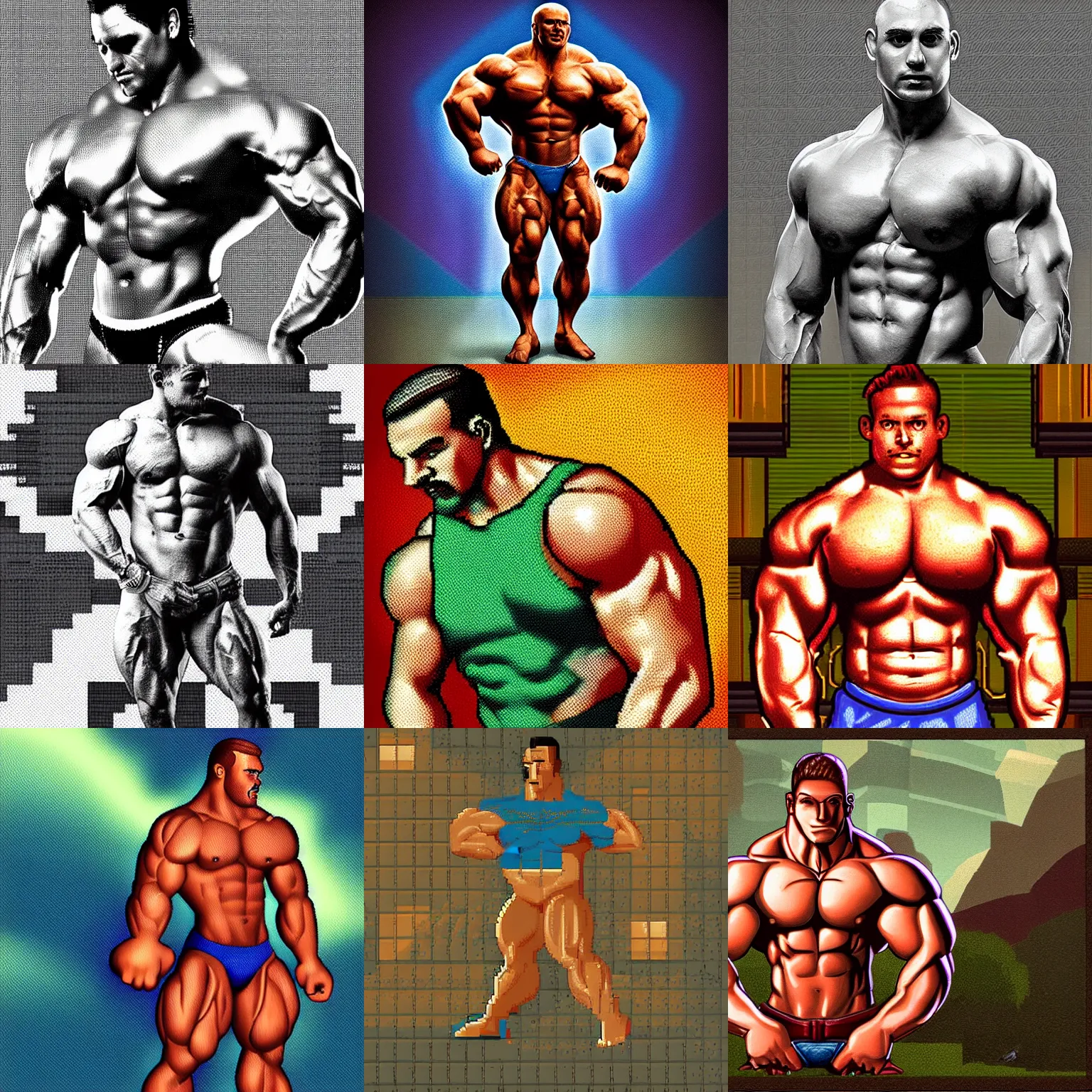Prompt: a muscular bodybuilder man, fantastic lighting, arcade, videogame, pixel art, high detail, 1 6 bits, 2 d, pointillisme