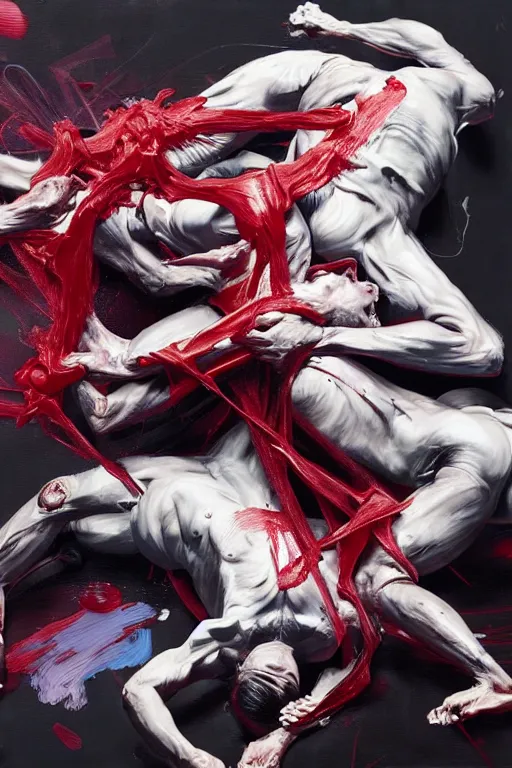 Prompt: bodies entwined in a fight, extremely intricate and detailed, by painted by francis bacon, conor harrington, adrian ghenie, and james jean. 8 k cinematic lighting, hyper realism