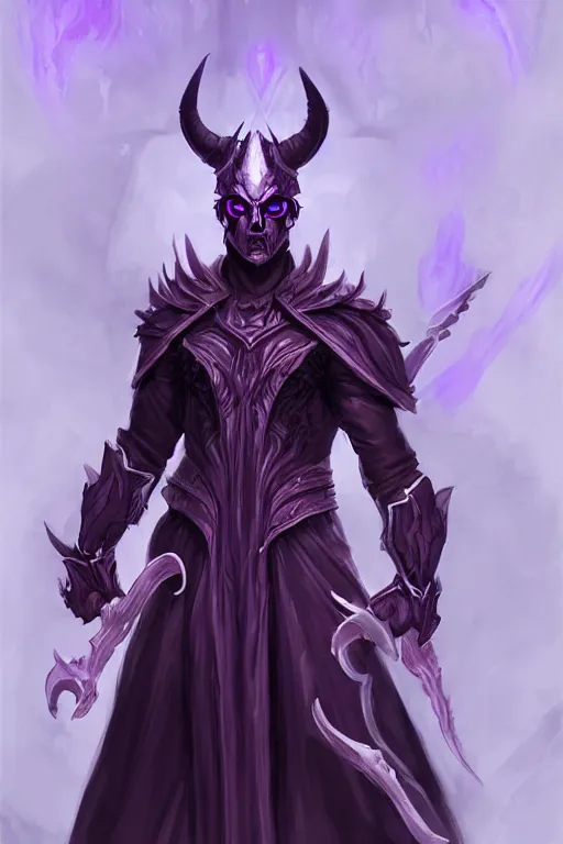 Prompt: man male demon, full body purple cloak, character concept art, costume design, illustration, white horns, warlock, trending on artstation, Artgerm , WLOP