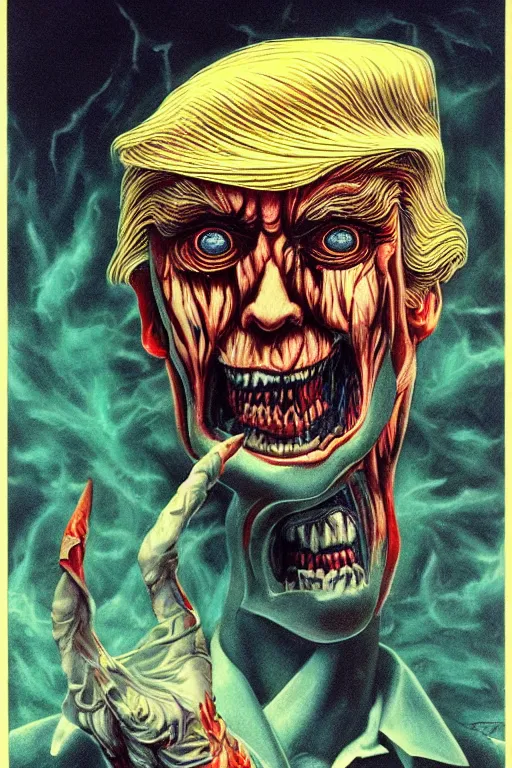 Image similar to donald trump's disgusting true form, horror, high details, intricate details, by vincent di fate, artgerm julie bell beeple, 9 0 s, inking, vintage 6 0 s print, screen print