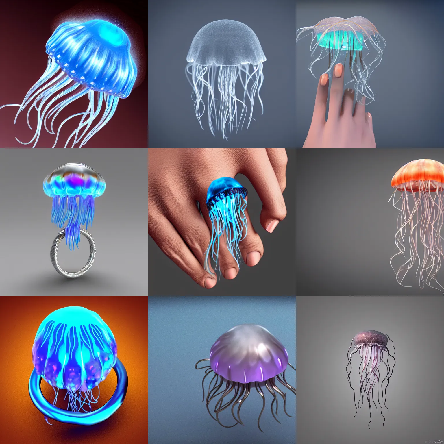 Prompt: a fancy jellyfish ring in finger, show it, real, fashionable, funny, y 2 k style, c 4 d, octane render