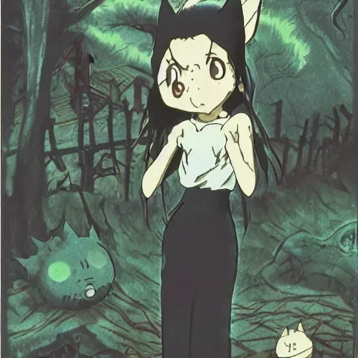 Image similar to an anime film vhs cover for a film by miyazaki of studio ghibli and tim burton, of a pastel goth vampire bat woman learning how to live in an empty cottage by herself in the middle of the woods, old vintage vhs, scan lines, grainy quality, real anime, fairies