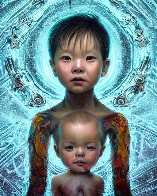 Prompt: portrait of a baby with six arms, monster, intricate artwork. by Tooth Wu, wlop, beeple, dan mumford. mulholland drive by david lynch, dune by david lynch, octane render, trending on artstation, greg rutkowski very coherent symmetrical artwork. cinematic, hyper realism, high detail, octane render, 8k, iridescent accents