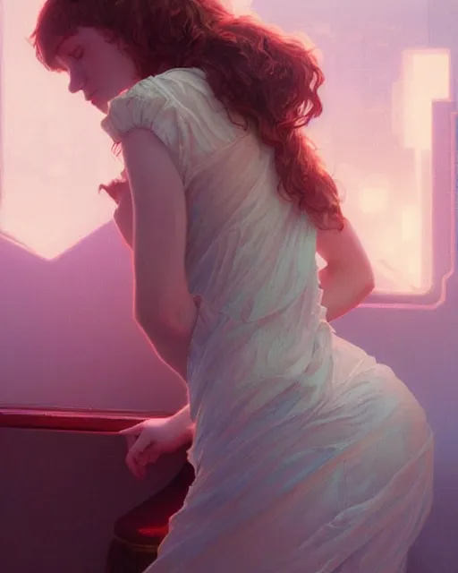 Image similar to eleanor tomlinson, posing, vaporwave, bedroom, highly detailed, digital painting, artstation, concept art, smooth, sharp focus, illustration, art by artgerm and greg rutkowski and alphonse mucha