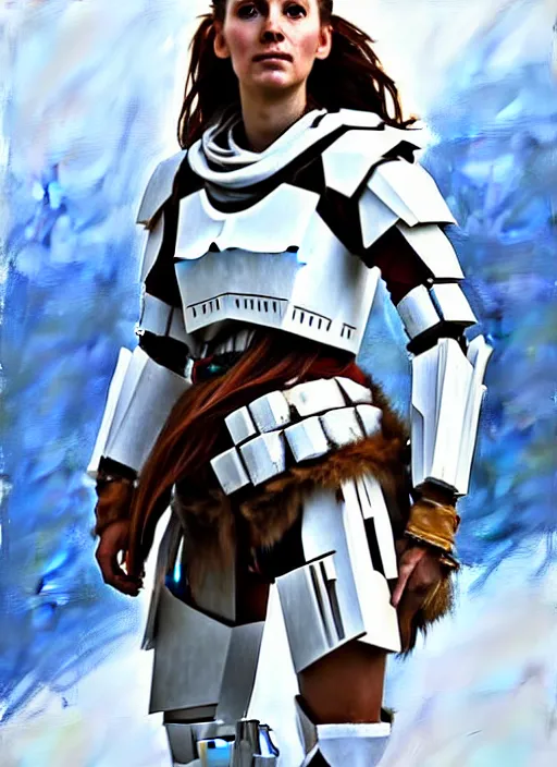 Prompt: portrait of a caucasian Aloy from Horizon Zero Dawn in white clothes Stormtrooper armor, desert, calm, fantasy character portrait, dynamic pose, above view, sunny day, clouds in the sky, artwork by Jeremy Lipkin and Giuseppe Dangelico Pino and Michael Garmash and Rob Rey and Greg Manchess, very coherent asymmetrical artwork, sharp edges, perfect face, simple form, 100mm