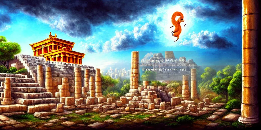 Image similar to illusion painting hidden temple in the clouds : an adorable small fox in the huge ruins of the second temple in jerusalem. a new temple hovers quietly hiding in the dreamy clouds above. a hooded bearded old man in a brown tunic laughing, colorful 8 k, art station, intricate superb details, digital art, illusion painting hidden image.