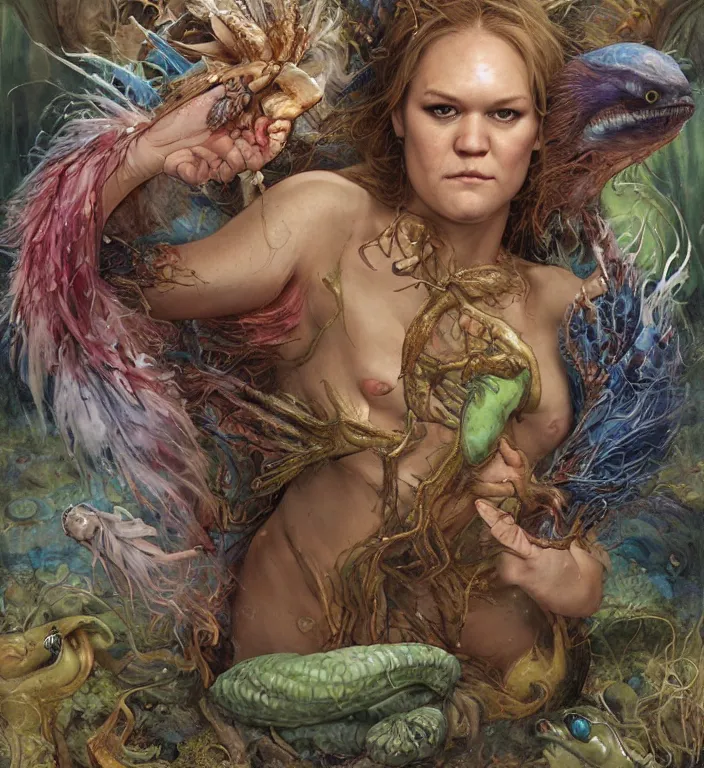 Prompt: a portrait photograph of julia stiles as a colorful harpy super hero with mutated slimy wet skin. she is trying on a amphibian creature suit and transforming into a feathered alien beast. by tom bagshaw, donato giancola, hans holbein, walton ford, gaston bussiere, peter mohrbacher and brian froud. 8 k, cgsociety