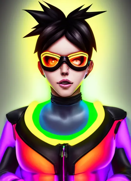 Image similar to full bod digital illustration portrait of tracer overwatch, confident pose, full body, full body, wearing black jagged iridescent rainbow latex armor, rainbow, neon, 4 k, expressive surprised expression, makeup, wearing large rainbow neon choker, studio lighting, acid, trippy, black leather harness, expressive detailed face and eyes,