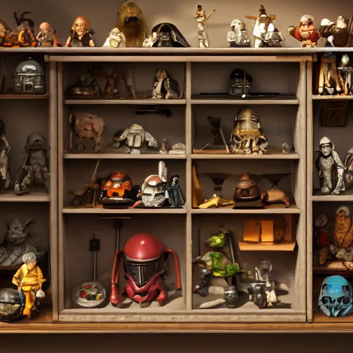 Prompt: antique shelf filled with star wars toys. photorealism, window light, morning. hyperrealism, dusty, painting by rembrandt, classic renaissance, high detail, cinematic lighting, artstation, unreal engine, octane engine, 4 k.