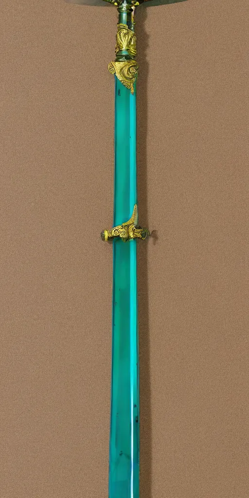 Image similar to photograph of a wide green and teal crystal double - edged sword blade attached to a big gold sword hilt