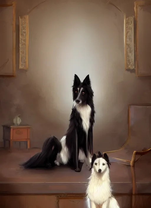 Prompt: wide angle beautiful full body portrait of a cute male anthropomorphic anthro border collie fursona sitting in a parlor room, character design by charlie bowater, henry asencio, and ross tran, disney, scenic background, detailed, aesthetic, trending on artstation, furaffinity, deviantart