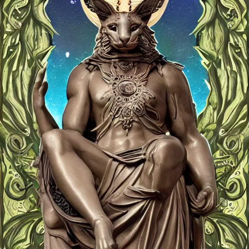 Image similar to a masterpiece hyperdetailed dnd tarot card, magnificent olive laurel wreaths as depicted in a colossal cute caracal marble statue, hd tarot card depicting monumental statue of a cute caracal hdr, 8 k, artstationhq, digital art