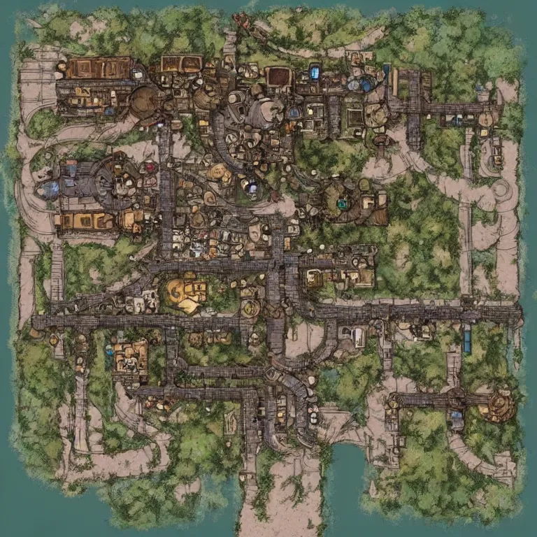 Image similar to full - color fantasy floor plan of a bustling merchant village with a bridge over a river to the north, d & d, pathfinder, by jeff todd and greg rutkowski, trending on artstation, pinterest