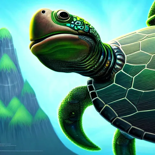 Prompt: aged anthropomorphic turtle, sci - fi, utopian, pixar splash art, wlop, intricately detailed, highly detailed, trending on artstation, 4 k, wallpaper - 1 0 2 4