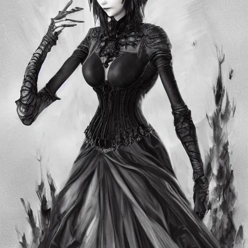 Image similar to full length portrait of a woman with timeless beauty & breathtaking eyes dressed in gothic attire, intricate, elegant, DSLR 8K, biblical art, realism, incomprehensible detail, final fantasy & silent hill aesthetic, photorealistic, lifelike, created by Razaras on deviantart