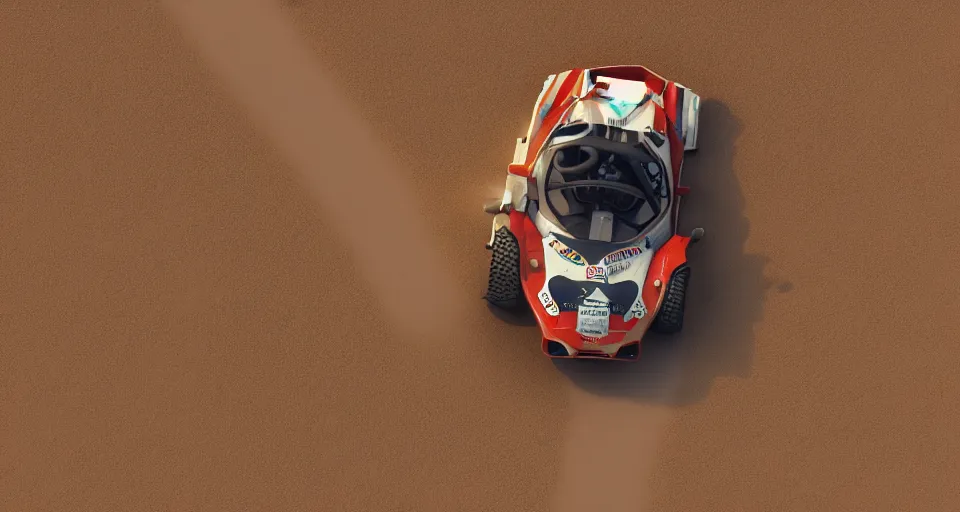 Prompt: Aerial view of a Lancia Stratos Rally car racing in a desert, landscape, center composition, cinematic, rendered by simon stålenhag, rendered by Beeple, Makoto Shinkai, syd meade, environment concept, digital art, unreal engine, WLOP, trending on artstation, 4K UHD image, octane render,