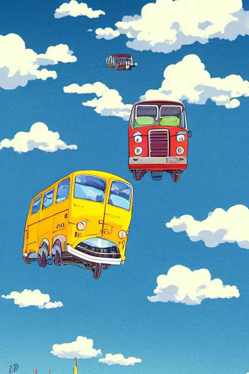 Prompt: old school bus flying in the sky, clouds, mountains, studio ghibli style, art by miyazaki, anime illustration