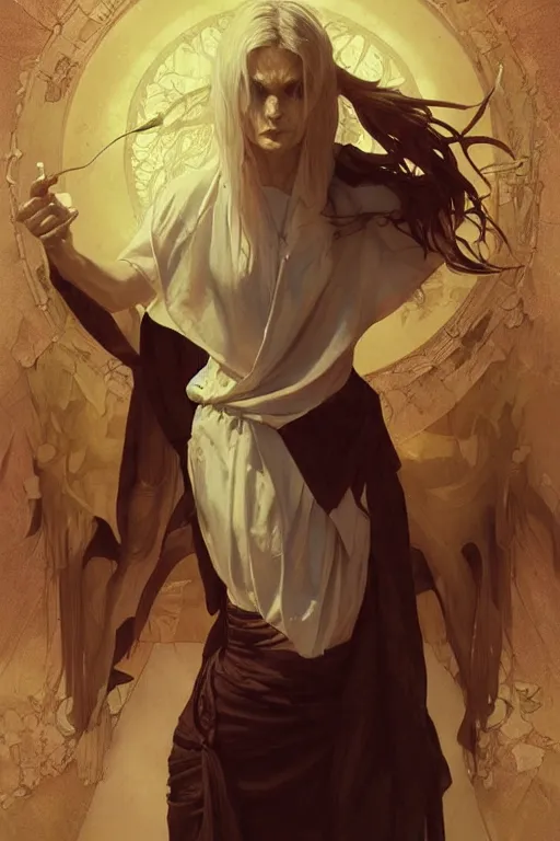 Prompt: portrait of an experienced exorcist performing a fierce exorsism, highly detailed, digital painting, artstation, concept art, sharp focus, illustration, occult symbolism, biblical, decorated, art by artgerm and greg rutkowski and alphonse mucha