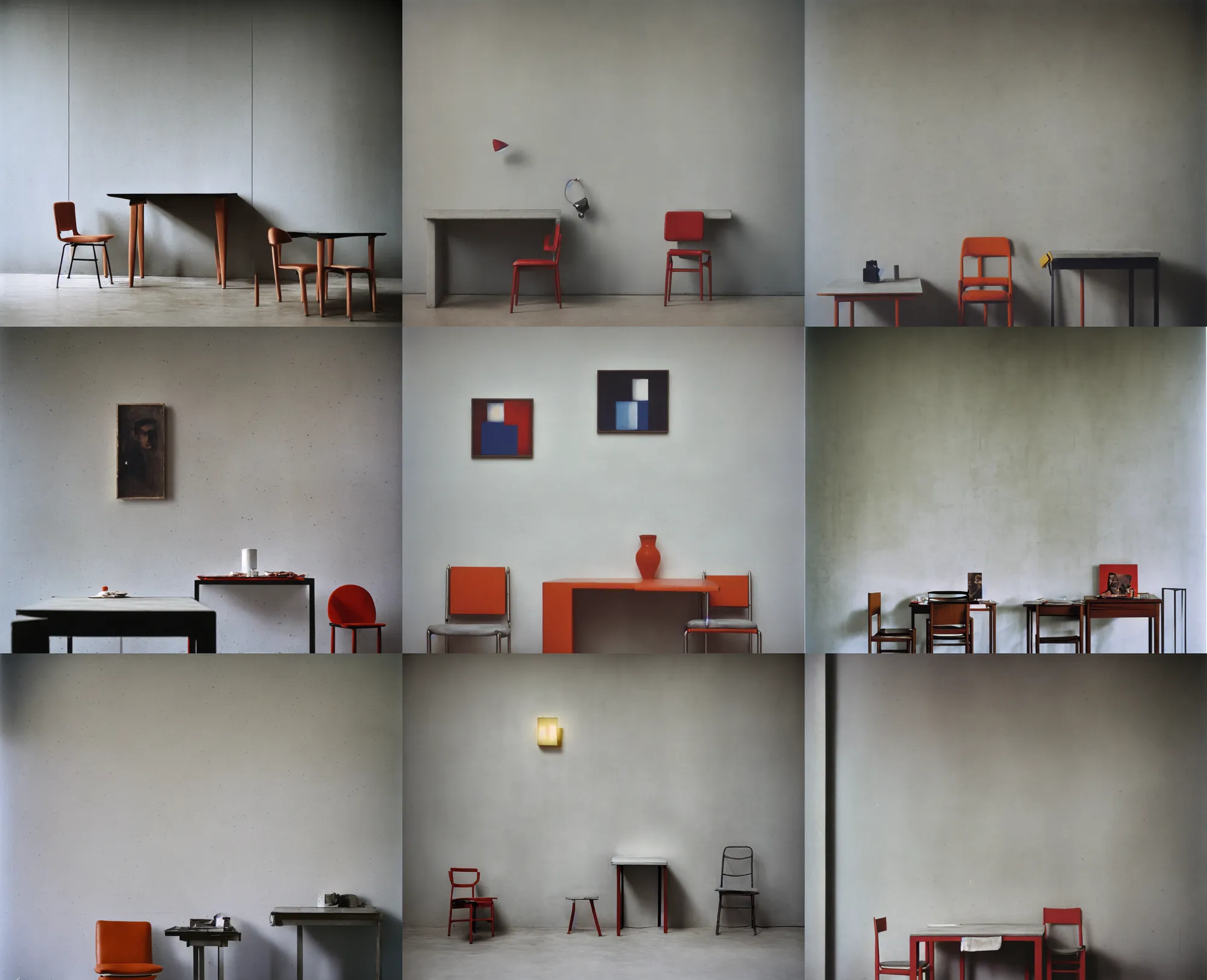 Prompt: kodak portra 4 0 0, 8 k, wide flashlight shot of a highly detailed, britt marling style, award winning colour still - life portrait of a large minimalistic bauhaus room with rough concrete walls, a square picasso painting, a 1 9 6 0 s table and chair, some square paintings