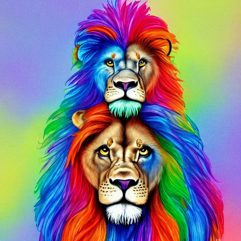 Prompt: Portrait of an anthropomorphic lion with rainbow colored mane