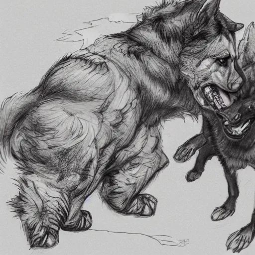 Image similar to a humanoid german shepherd beast - man wrestling with another german shepherd in the middle of an arena, pencil art, added detail, high definiton, colored, aerial viewyoji shinkawa