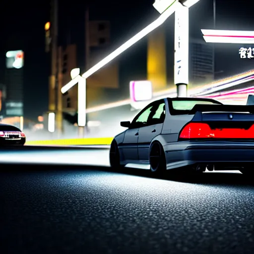 Image similar to a car JZX90 twin turbo drift spec in middle of road, Saitama prefecture, city midnight mist lights, cinematic lighting, photorealistic, highly detailed wheels, high detail