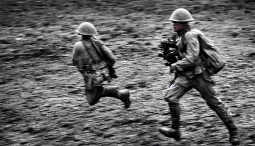 Image similar to screaming World War 1 soldier running away, wartorn landscape, lots of mud puddles and craters, bullets whizzing past camera, dirty lens, cinematic lighting, IMAX close-up of face, cinematography, 35mm