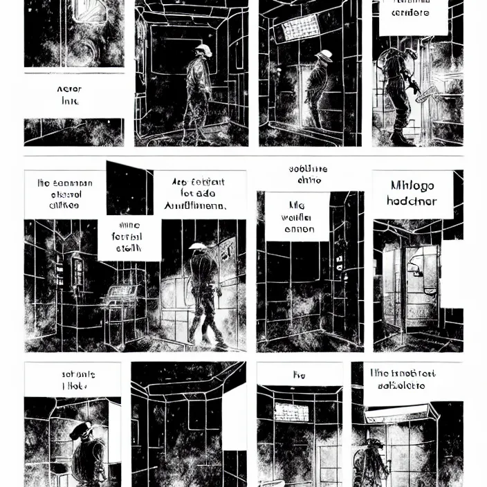 Prompt: sadie sink as a miner inside a minimalist old - fashioned automated kiosk with options to choose from. storyboard - style drawing scifi cyberpunk. by gabriel hardman, joe alves, chris bonura. cinematic atmosphere, detailed and intricate, perfect anatomy