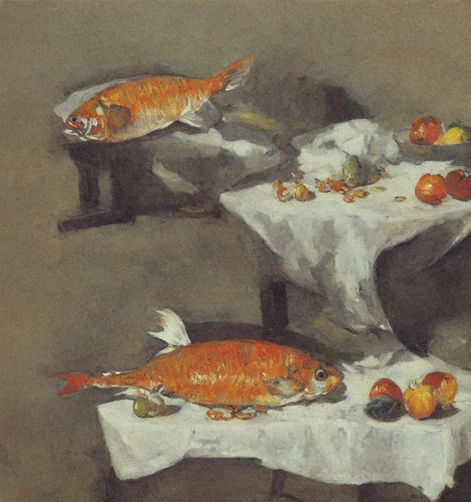 Prompt: still life painting of a fish rabbit on a white table, impressionism