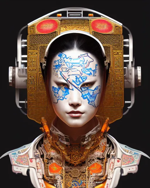 Image similar to portrait of a cyberpunk machine, machine face, upper half portrait, decorated with chinese opera motifs, asian, fine china, traditional chinese art, intricate, elegant, highly detailed, symmetry, headpiece, digital painting, artstation, concept art, smooth, sharp focus, illustration, art by artgerm and greg rutkowski and alphonse mucha, 8 k