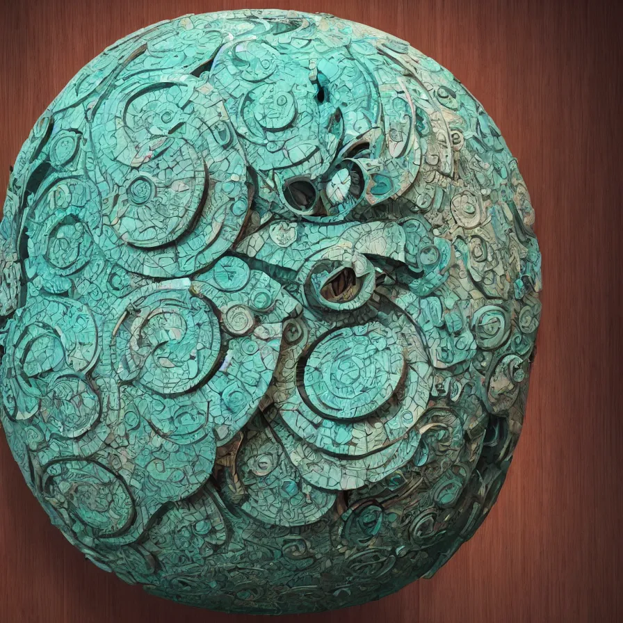 Image similar to beautiful gallery show studio photograph of a giant realistic round biomechanical ceramic sculpture of a manx cat, fractal 3 d structure, celadon glaze, placed on a polished wooden table, colorful hyperrealism 8 k trending on artstation