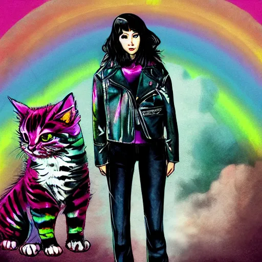 Image similar to wide angle full body, jacket wearing fluffy cute rainbow kitten wearing a black leather motorcycle jacket, cinematic concept art