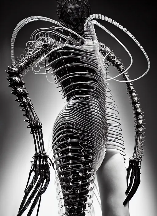 Image similar to walking down the catwalk, show, stage, vogue photo, podium, fashion show photo, historical baroque dress, iris van herpen, beautiful woman, full body shot, masterpiece, inflateble shapes, alien, plant predator, guyver, jellyfish, wires, veins, white biomechanical details, wearing epic bionic cyborg implants, highly detailed