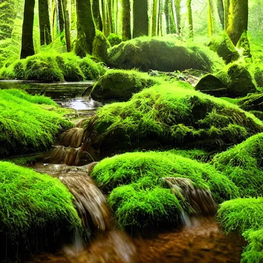 Prompt: 1 0 round pools of water in an open forest, the wood between the worlds, narnia, cs lewis, lush green forest, moss and ferns, ferns,