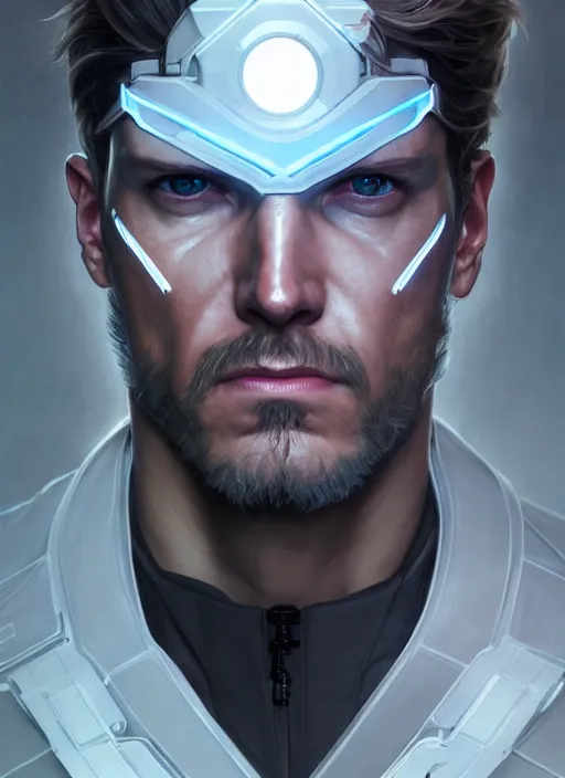 Image similar to symmetry!! portrait of solid snake, metal gear solid, tech wear, glowing lights!! intricate, elegant, highly detailed, digital painting, artstation, concept art, smooth, sharp focus, illustration, art by artgerm and greg rutkowski and alphonse mucha