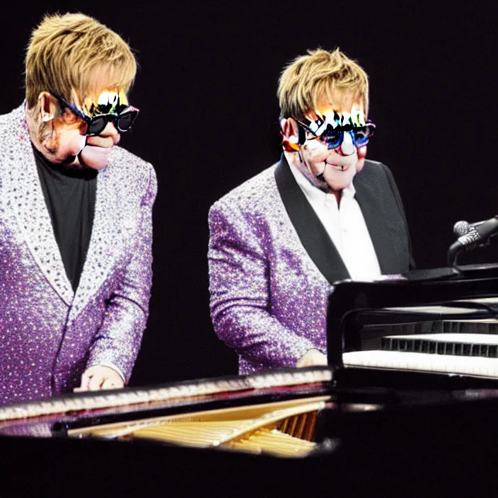 Prompt: hyper realistic, high detail photo of elton john and billy joel playing the piano, beautiful, dreary lighting