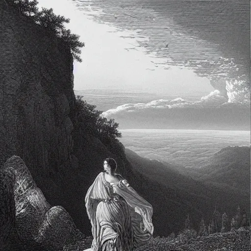 Image similar to A widow looks from a mountaintop, mountains, gorgeous view, velly distant forest, distant city, distant glow, night, moon, dramatic light, Chiaroscuro, long shadows, dark, thunderclouds, masterpiece, high detail, detailed, illustration by Paul Gustave Doré