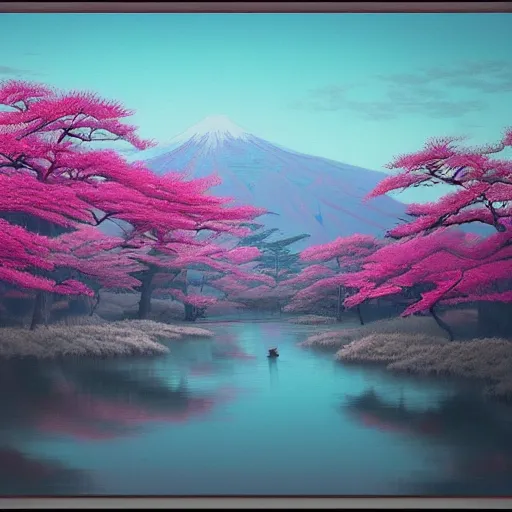 Image similar to beautiful japan landscape painting, teal and pink, matte painting, depth of field, by tuomas korpi, trending on artstation